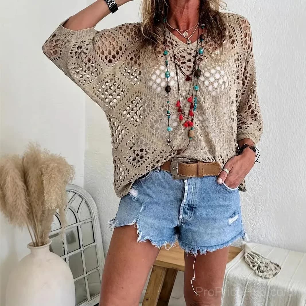Women's Bohemian V-Neck Crochet Top, Khaki, Size S - Main