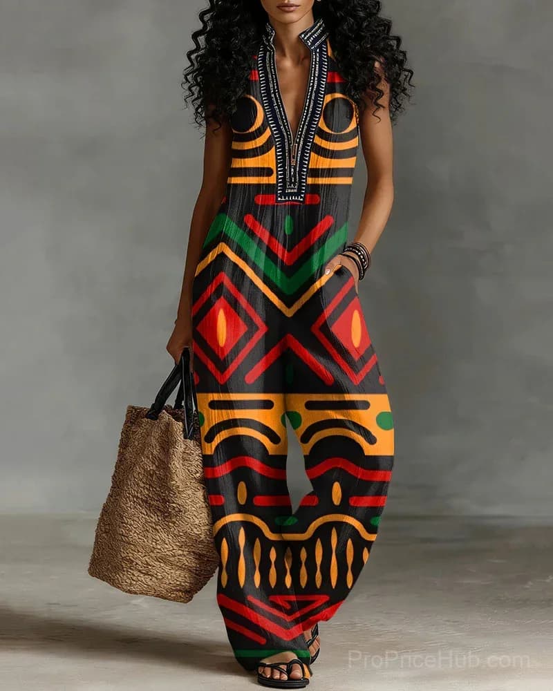 Geometric Print Linen Blend Sleeveless Jumpsuit with Zipper & Stand Collar - Main