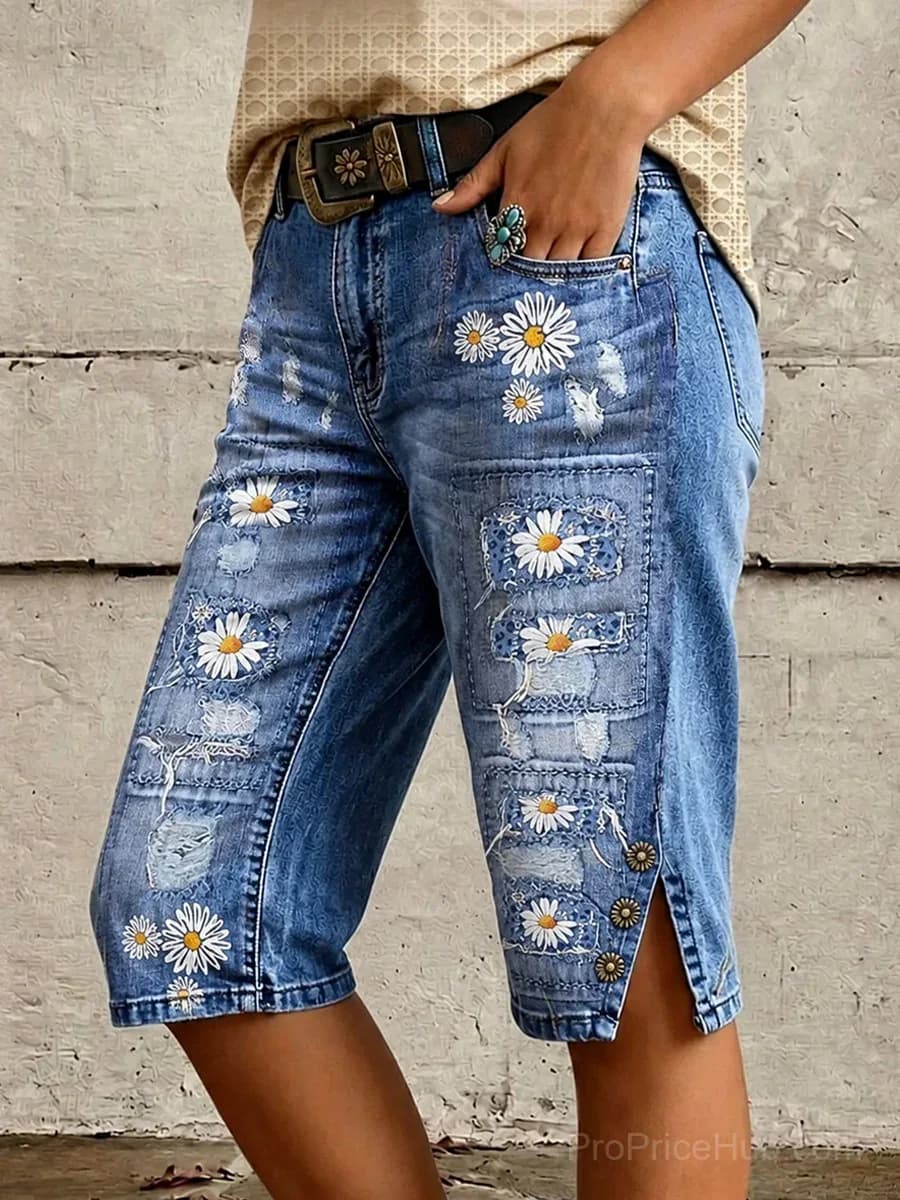 Retro Casual Floral Art Print Denim Shorts - View 2