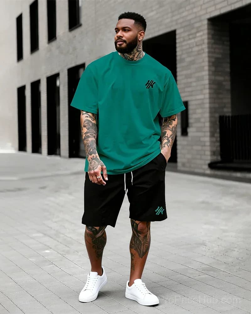 Big & Tall Men's Dark Brown Letter Print T-Shirt & Shorts Set - View 9
