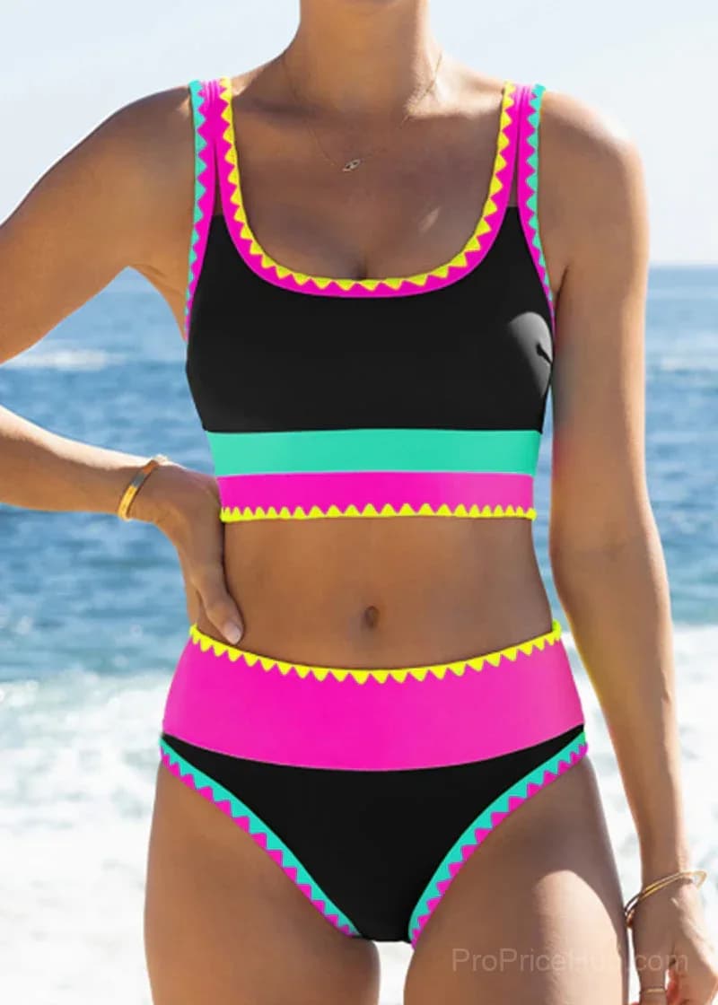Color Contrast Patchwork Nylon 3-Piece Bikini Set - Main