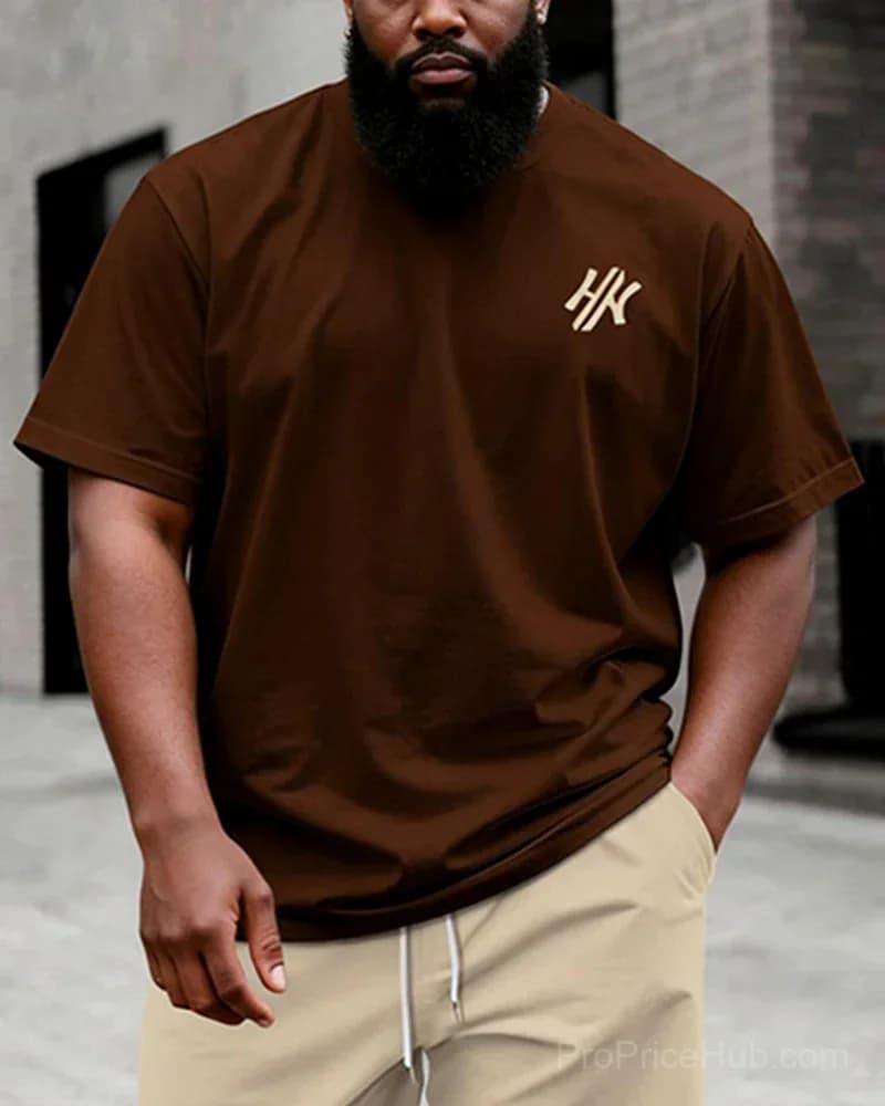 Big & Tall Men's Dark Brown Letter Print T-Shirt & Shorts Set - Alt