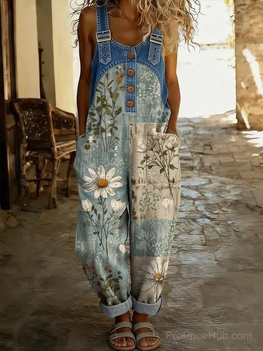 Women's Casual Washed Cotton Denim Patchwork Jumpsuit - Main