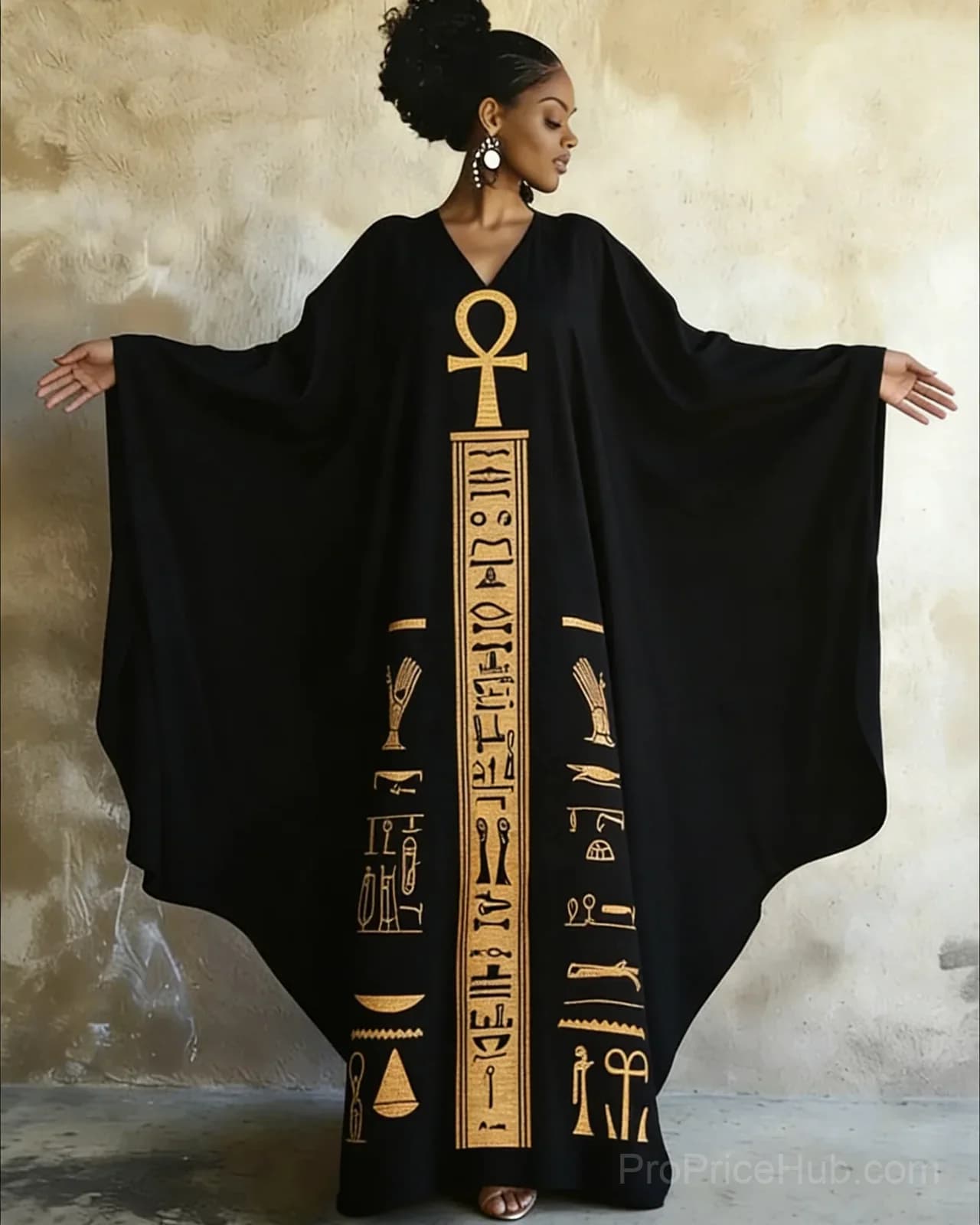 Ankh Golden Ancient Egyptian Art V-Neck Long Kaftan Dress - Main