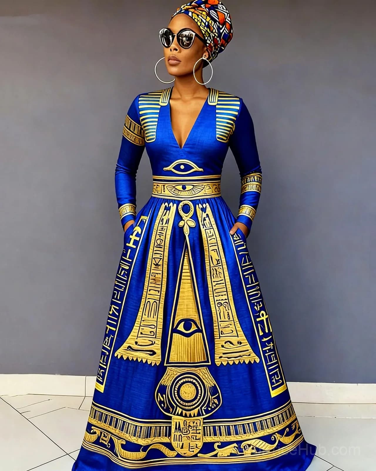 V-Neck Ancient Egyptian Eye of Horus Long-Sleeve Maxi Dress - Main