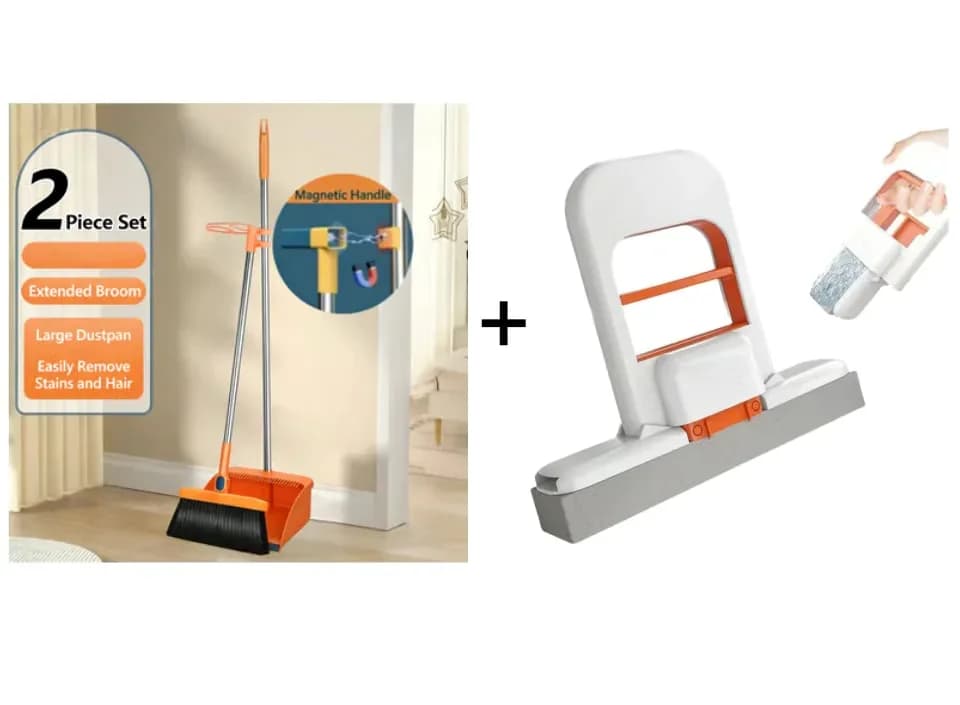 Stand-Up Dustpan and 180° Rotating Broom Set, Blue - View 18