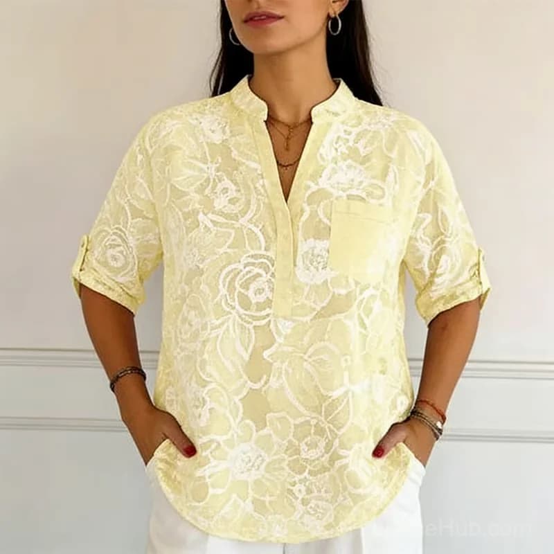 Blue Printed Round Neck Button-Down Blouse, US 4/S - Alt