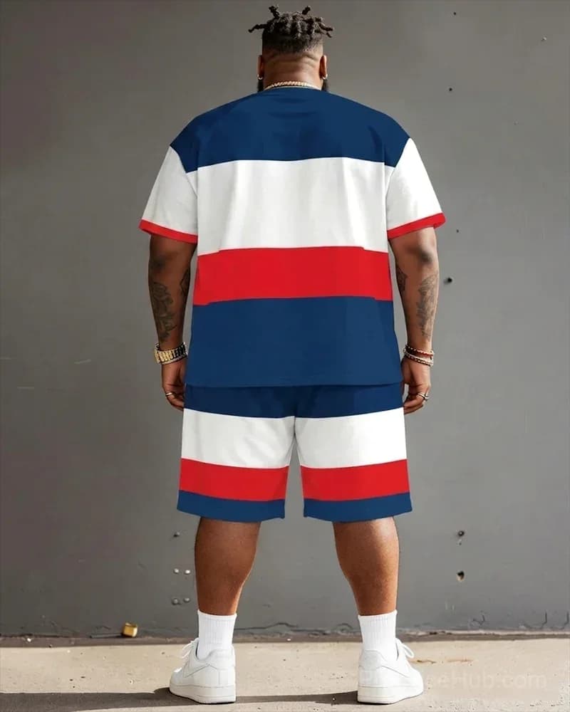 Big Guy's Polo Color Stripes T-Shirt and Shorts Set - View 13