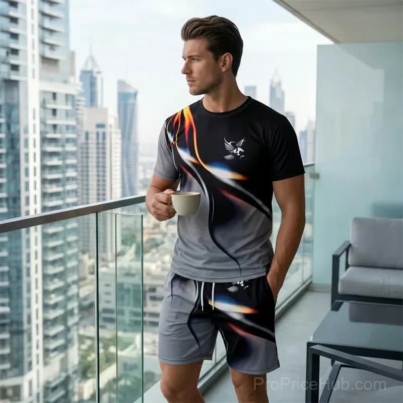 Men's Abstract Print T-Shirt & Shorts Set, Gray, Small - Alt