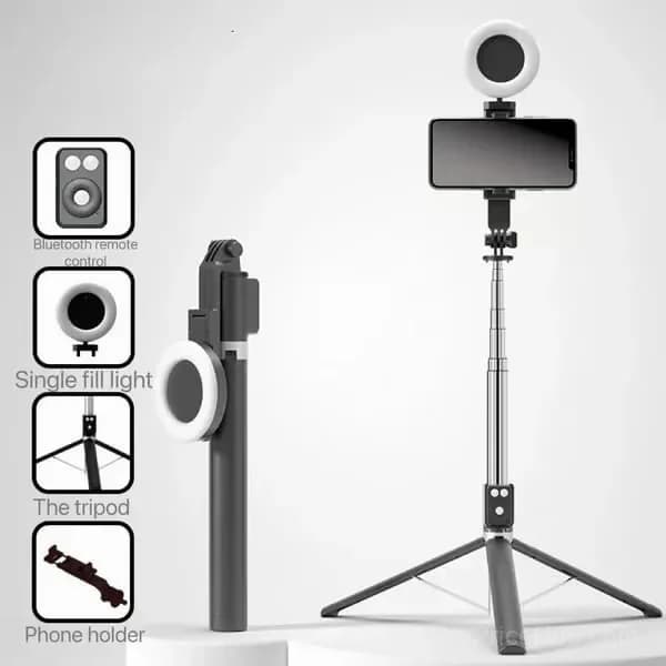 Black 6-in-1 Bluetooth Selfie Stick, No Fill Light - View 10