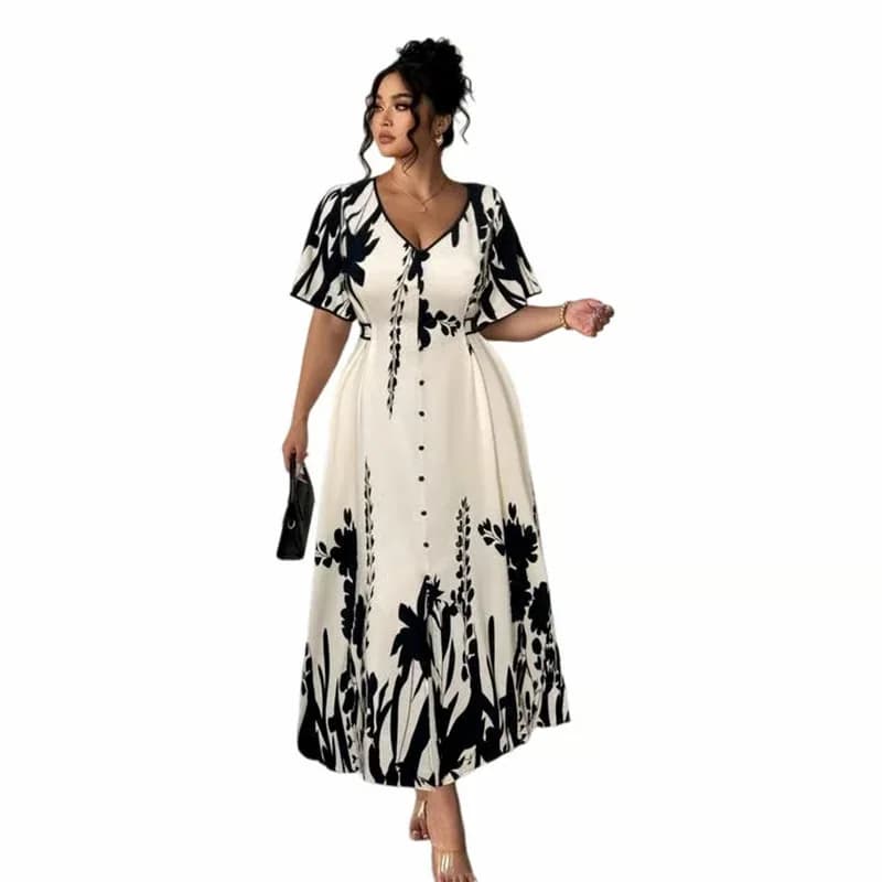 Elegant V-Neck Botanical Print Midi Dress, Beige, XL - View 10