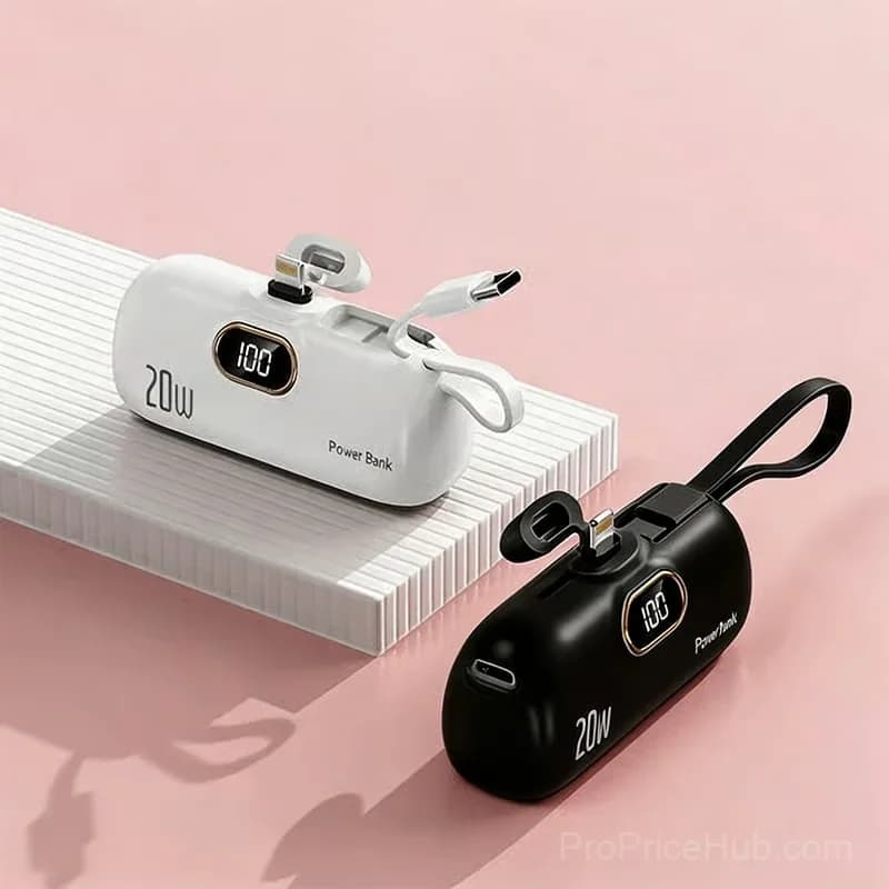 Mini Portable Charger with Built-In Cable, Black/White - Main
