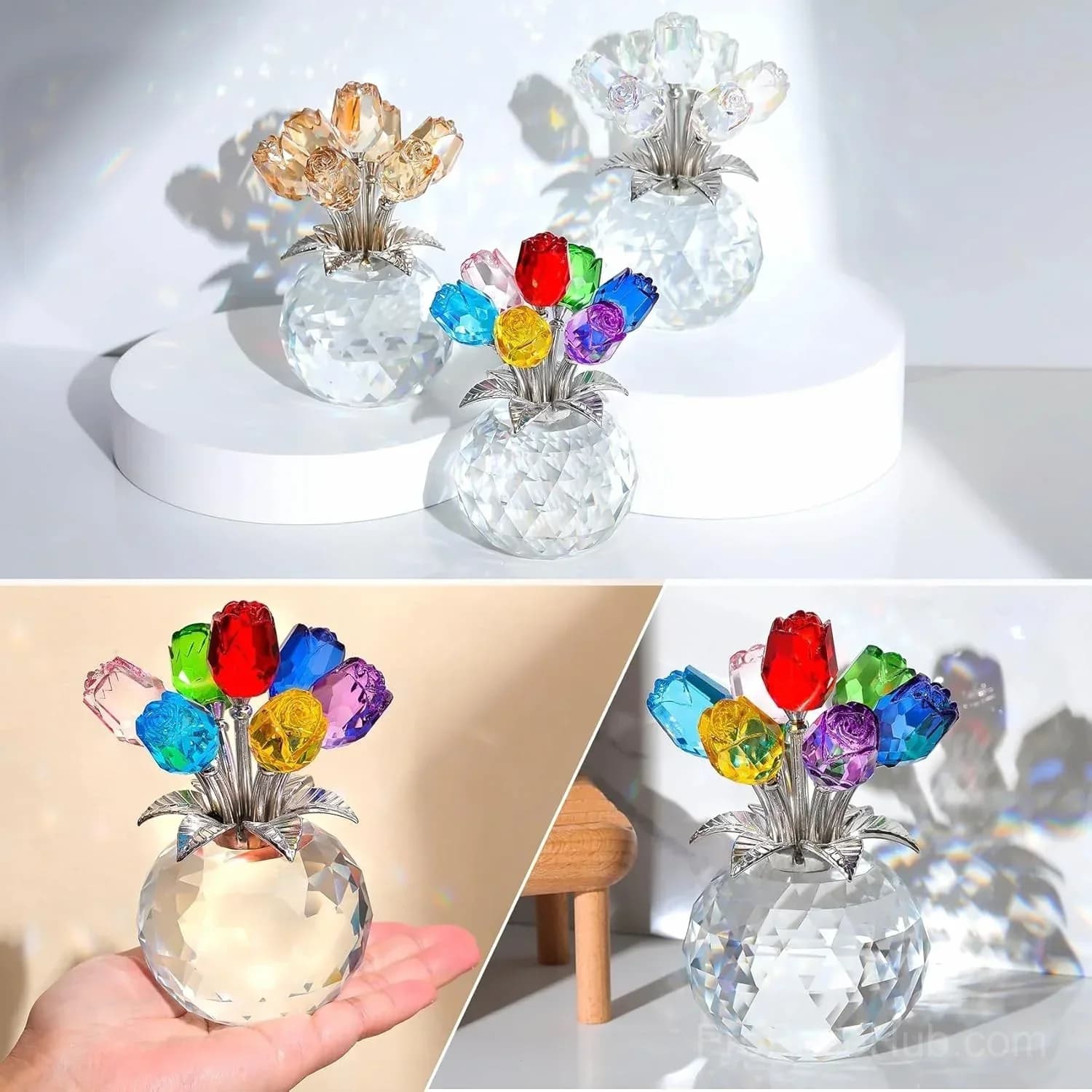 Crystal Colorful Rose Flower Figurine with Vase - Alt