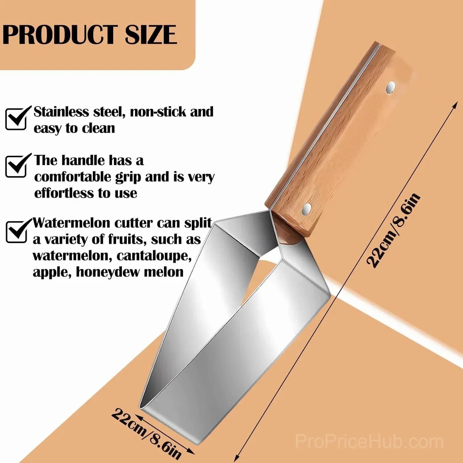 Stainless Steel Triangle Watermelon Cutter with Wooden Handle - Alt