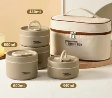 Portable 2-Tier Insulated Lunch Container Set with Bag, Beige - View 11