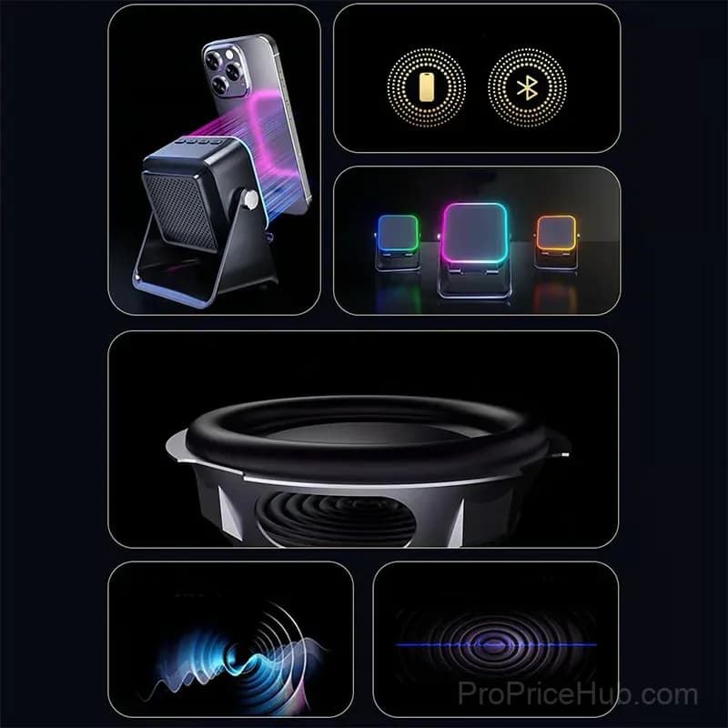 5-in-1 Wireless Induction Speaker with Adjustable Phone Stand, Black - View 4