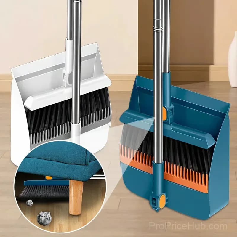 Stand-Up Dustpan and 180° Rotating Broom Set, Blue - View 4