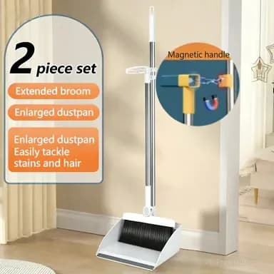 Stand-Up Dustpan and 180° Rotating Broom Set, Blue - View 16