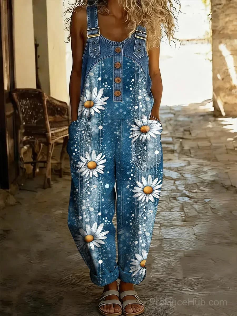 Women's Retro Floral Color-Block Denim Patchwork Jumpsuit - Main