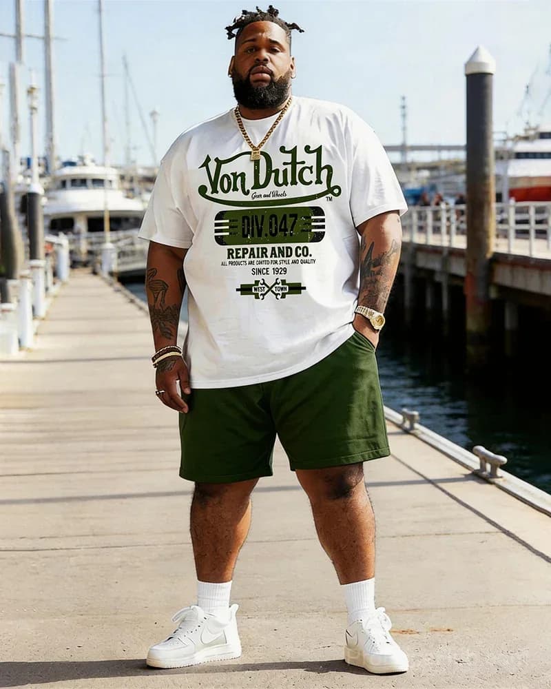 Big & Tall Men's Von Dutch Printed Round Neck T-Shirt & Shorts Set - View 2