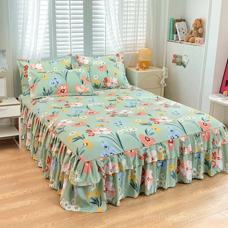 3-Piece Green Ruffled Bed Skirt Set, Cot Size 40 x 75 in - Main