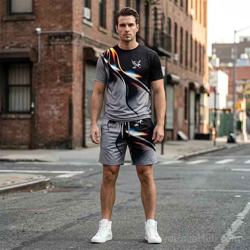 Men's Abstract Print T-Shirt & Shorts Set, Gray, Small - View 5