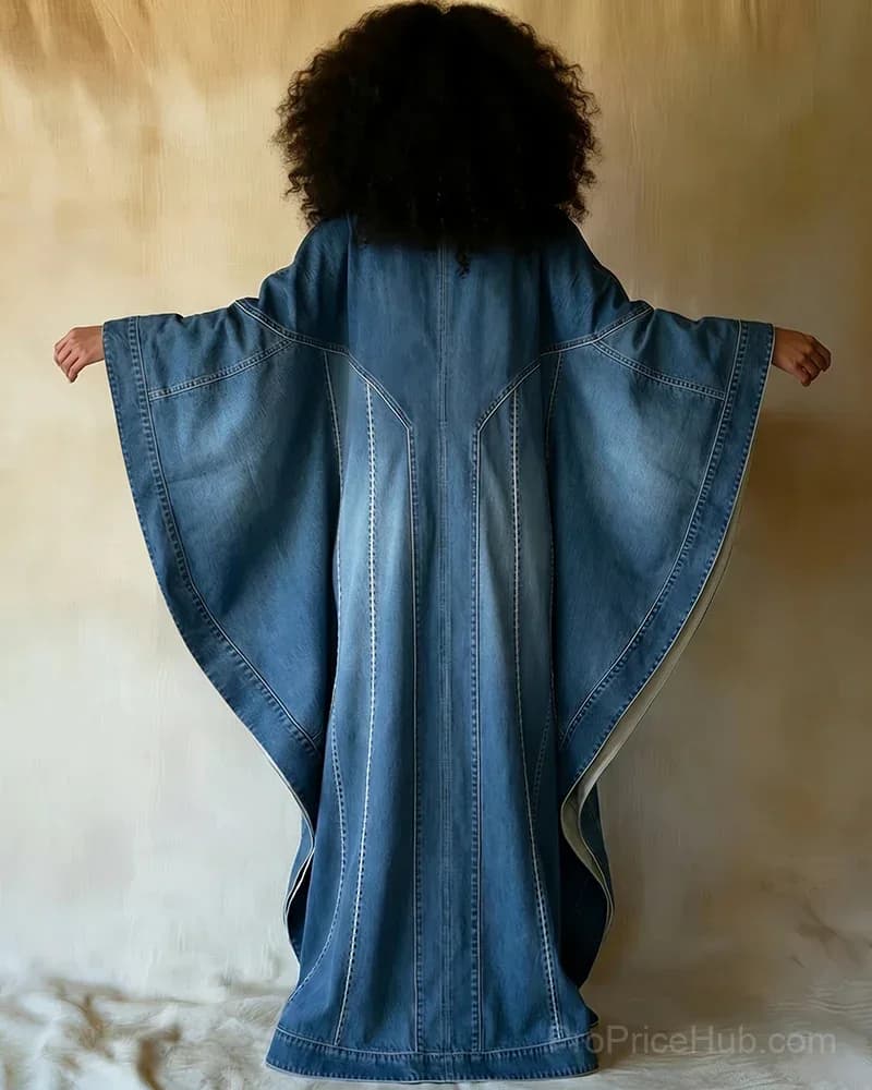 Washed Denim Texture Print V-Neck Long Kaftan Dress - Alt