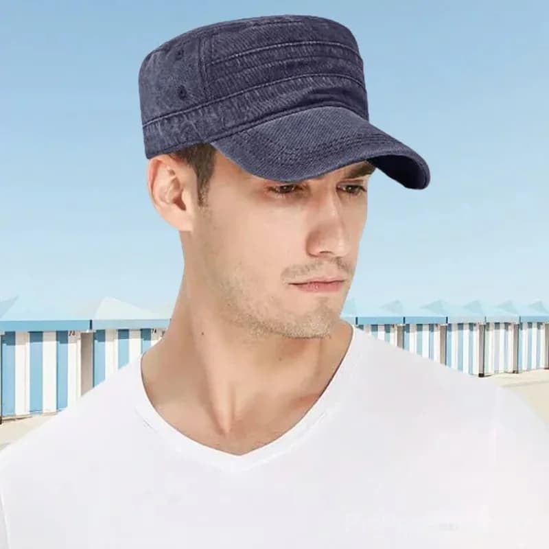 Khaki Distressed Flat-Top Duckbill Cap, Breathable Hat - View 7