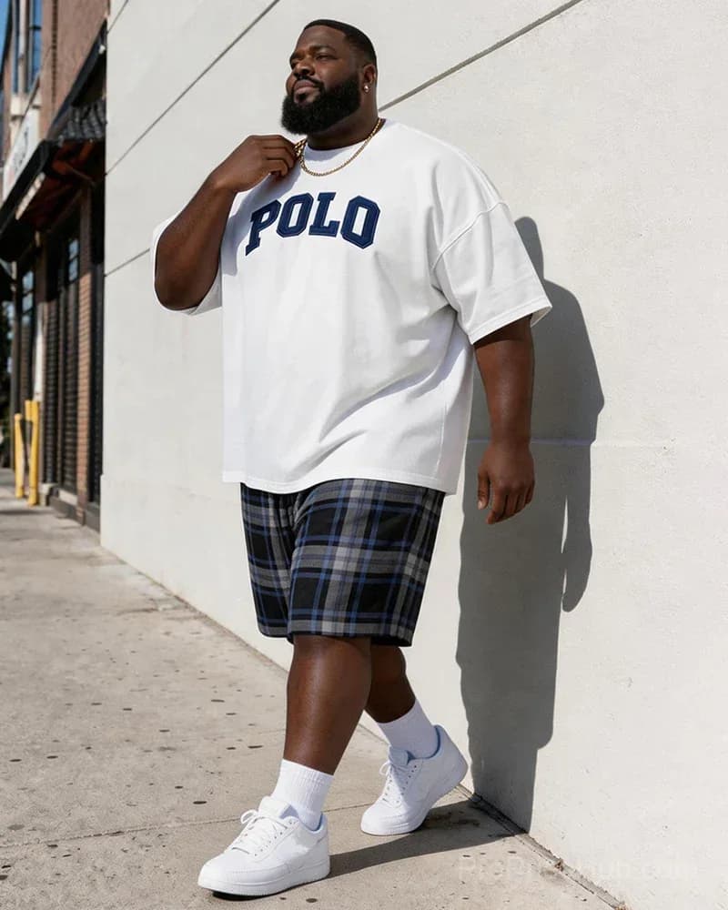 Men's Big & Tall Vintage Plaid Polo Alphabet Print T-Shirt & Shorts Set - View 7