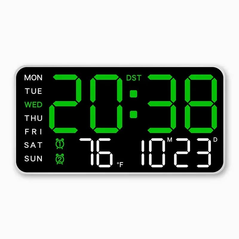 Decorative LED Digital Wall Clock, Green Light, White Shell, No Hook - Main