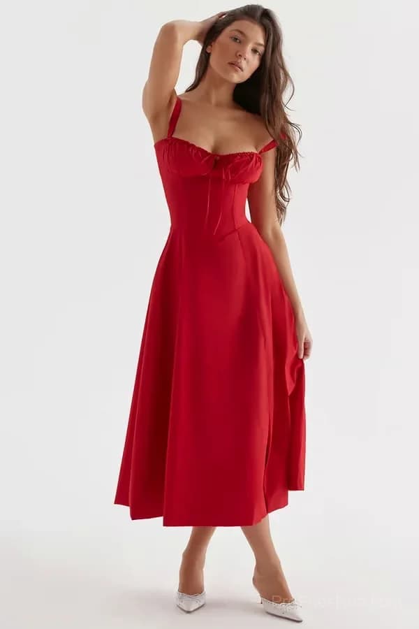 Red Floral Print Bustier Sundress, Size S - View 14