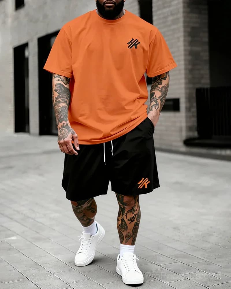 Big & Tall Men's Dark Brown Letter Print T-Shirt & Shorts Set - View 6