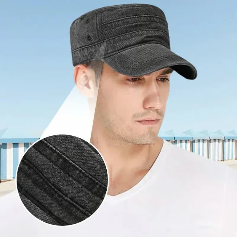 Khaki Distressed Flat-Top Duckbill Cap, Breathable Hat - View 6