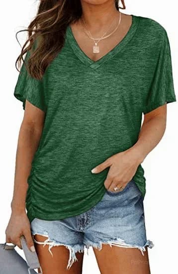 Women's Short Sleeve V-Neck Dolman Top - Soft Breathable Loose Fit Blouse with Side Shirring - View 10