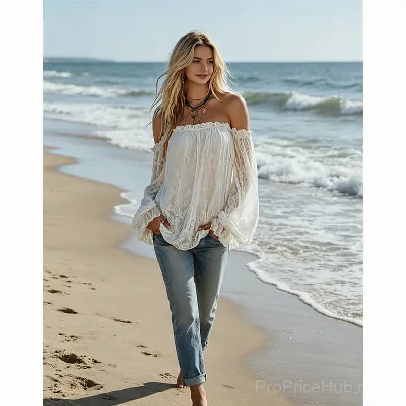 Women's Bohemian Off-Shoulder Sheer Lace Top, Size S - View 5