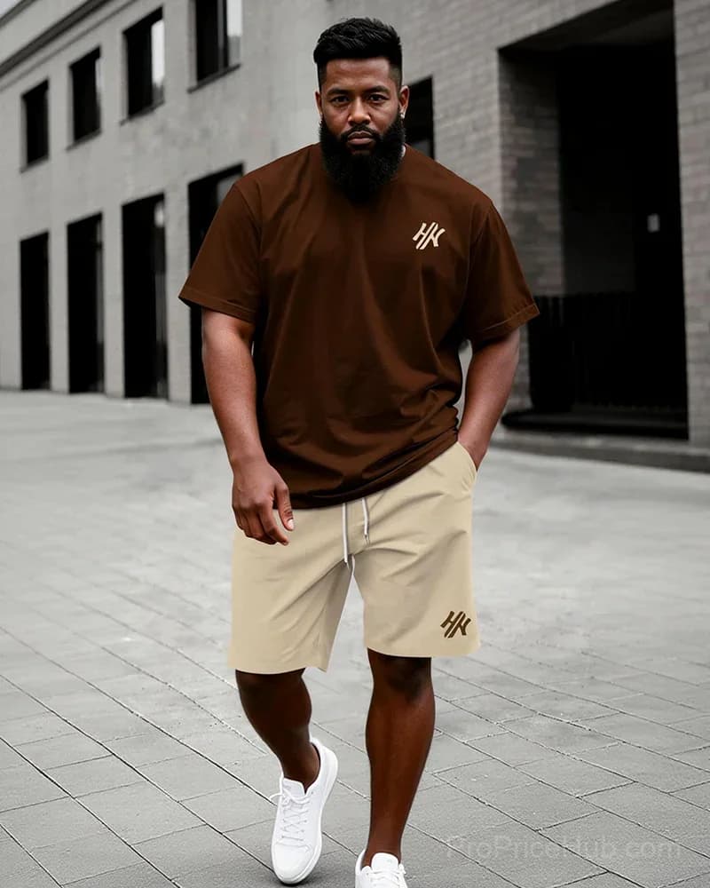 Big & Tall Men's Dark Brown Letter Print T-Shirt & Shorts Set - Main