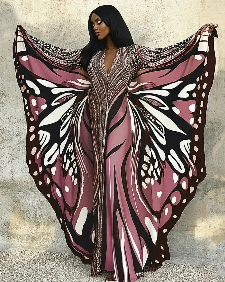 Colorful Butterfly Print V-Neck Long Kaftan Dress - Main