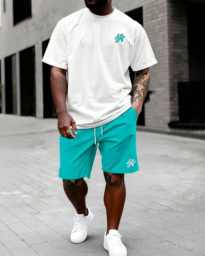 Big & Tall Men's Dark Brown Letter Print T-Shirt & Shorts Set - View 4