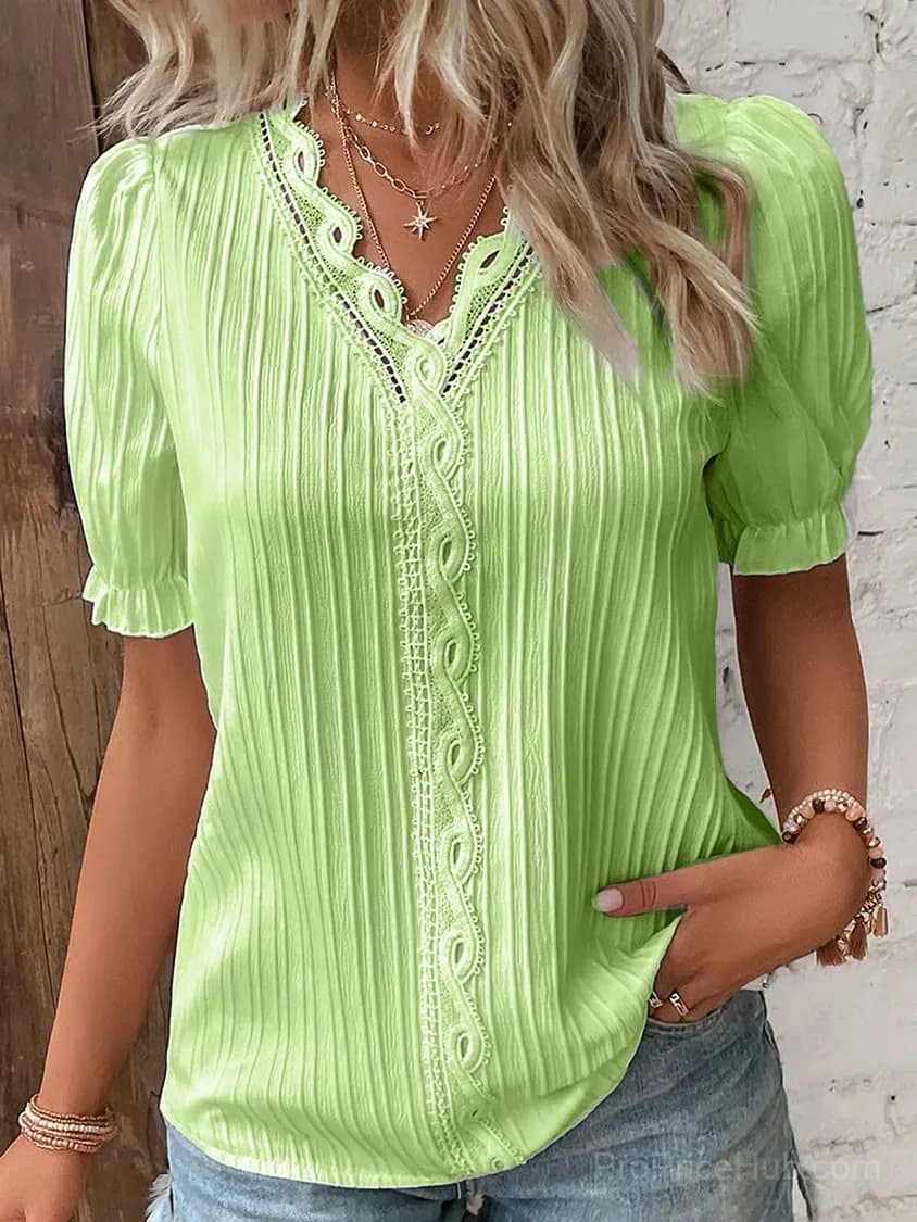 Elegant V-Neck Lace Blouse, White, Size S - Alt