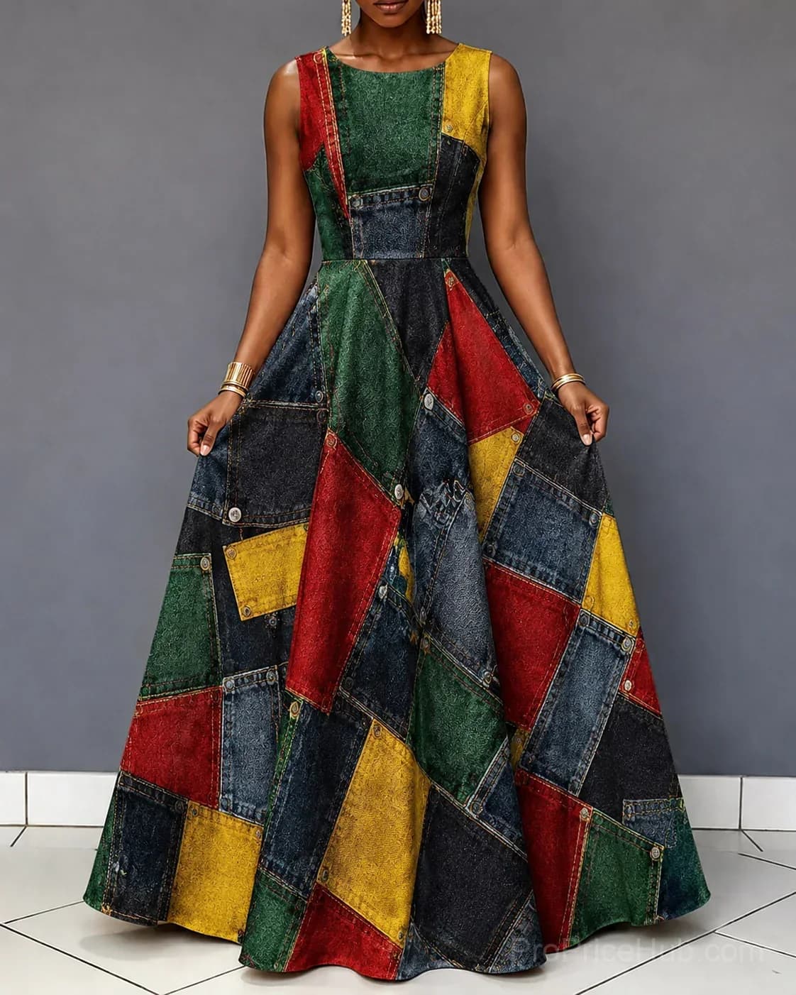 Reggae Denim Patchwork Print Sleeveless Maxi Dress - Main