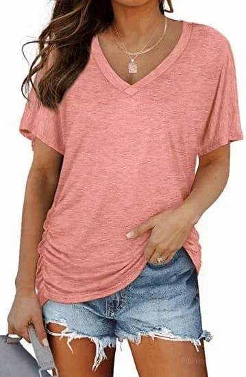 Women's Short Sleeve V-Neck Dolman Top - Soft Breathable Loose Fit Blouse with Side Shirring - View 5