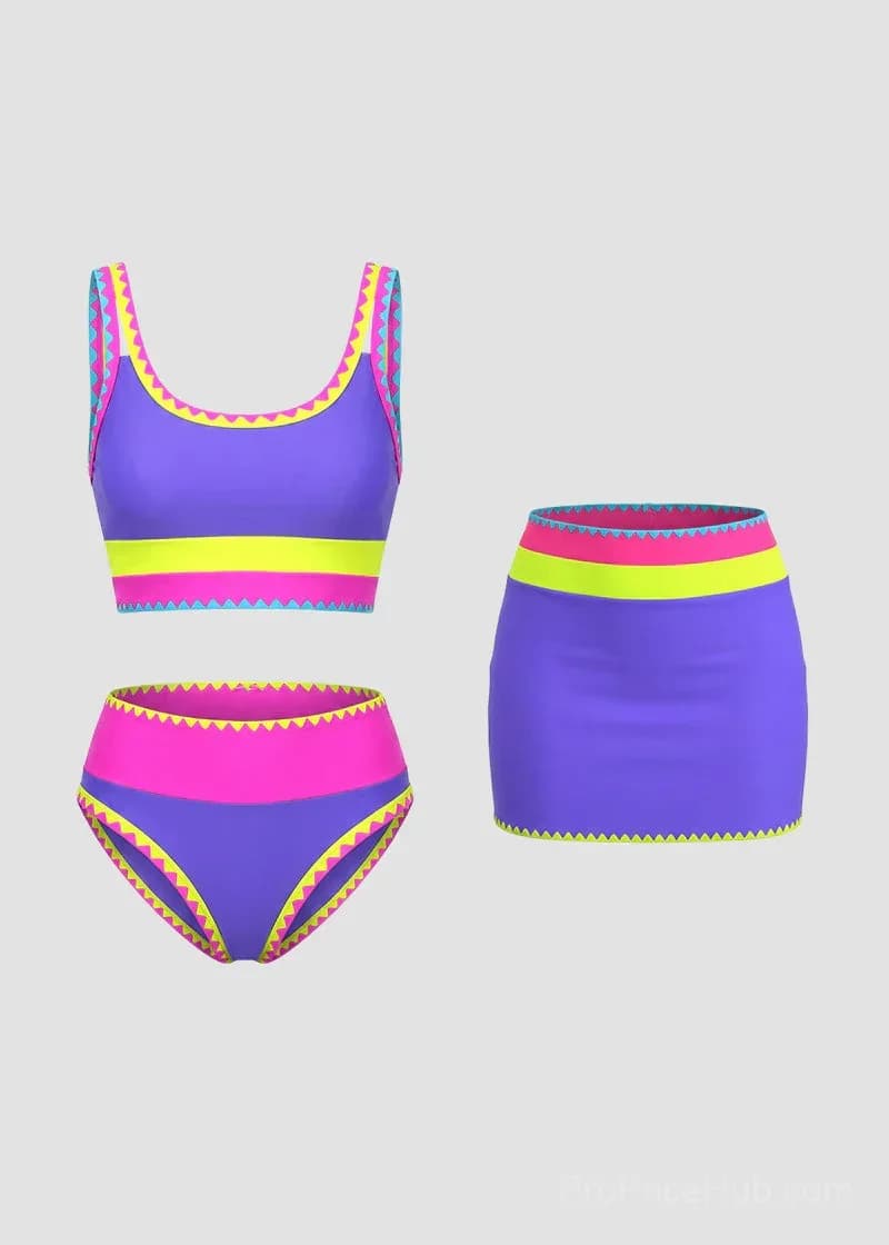 Color Contrast Patchwork Nylon 3-Piece Bikini Set - View 23