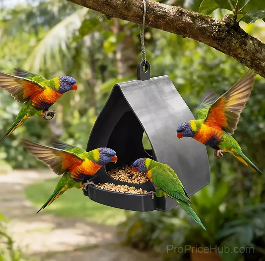 Gray Hanging Bird Feeder with Roof for Garden - Alt