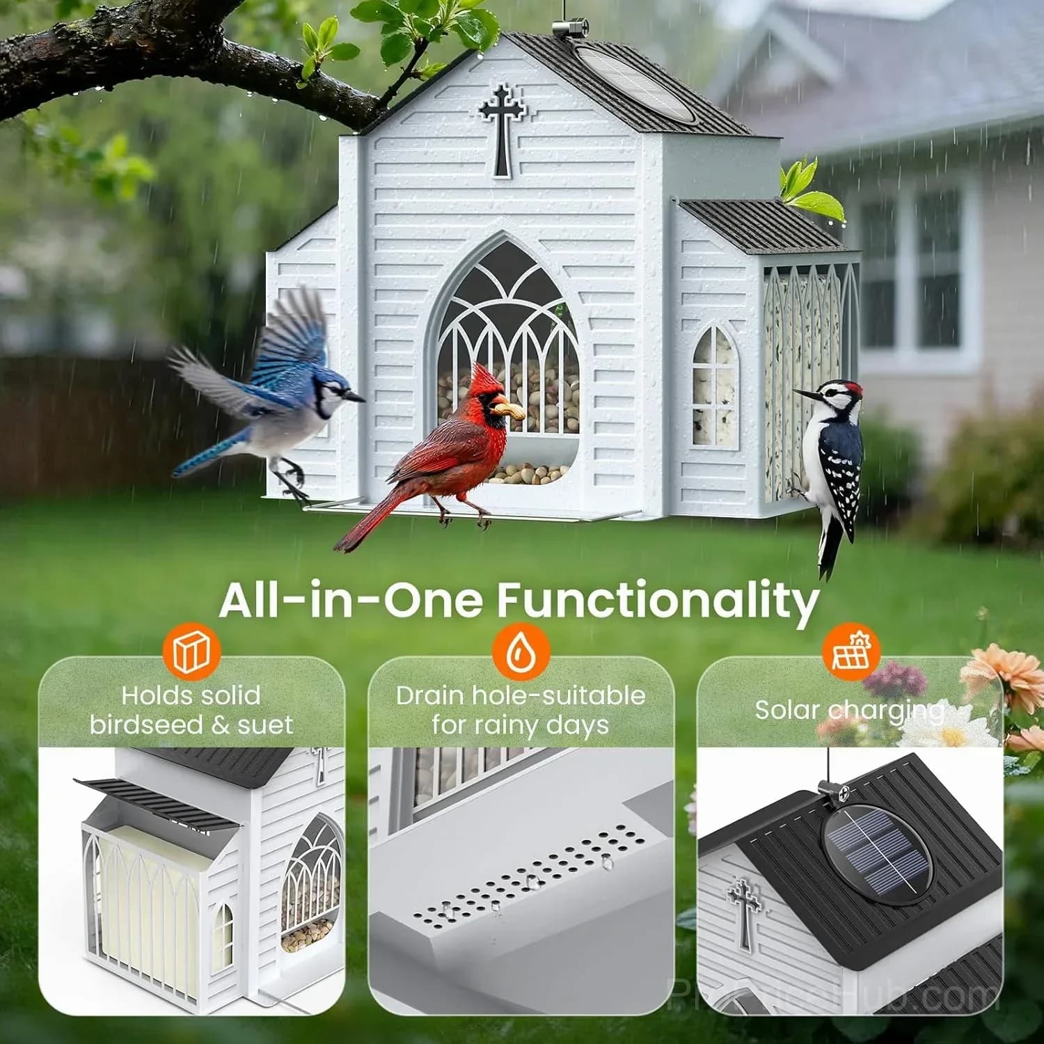 Church-Shaped Solar Bird Feeder for Garden Decor - View 3