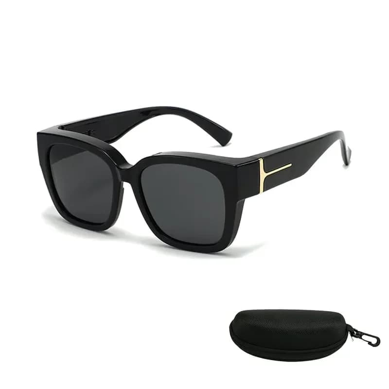 Polarized Square Wrap-Around Sunglasses, Glossy Black Frame with Case - Main