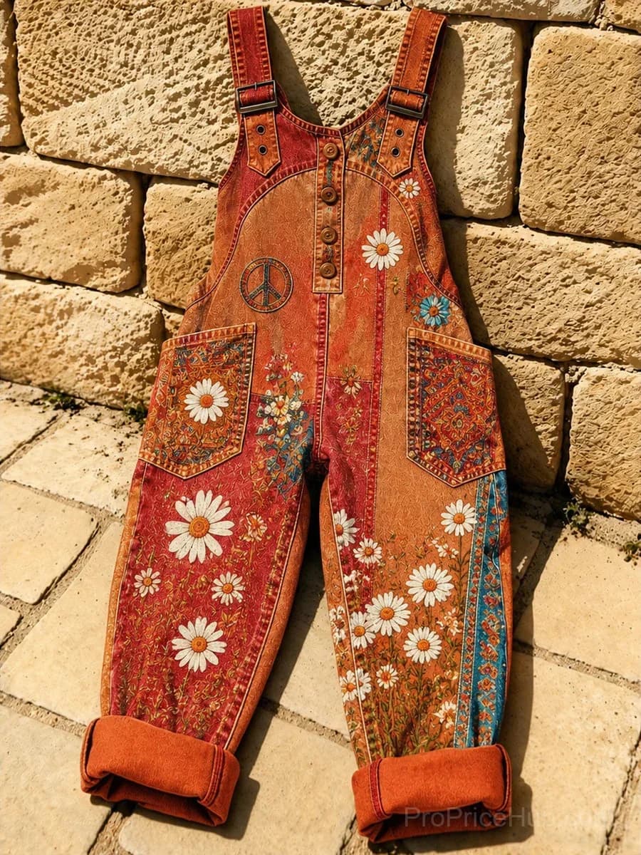 Women's Retro Art Print Washed Cotton Denim Patchwork Jumpsuit - Main