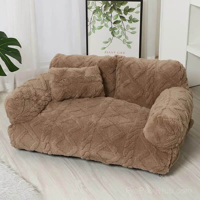 Beige Plush Pet Sofa Bed, Small 45x39x21 cm, Removable Cover - Alt