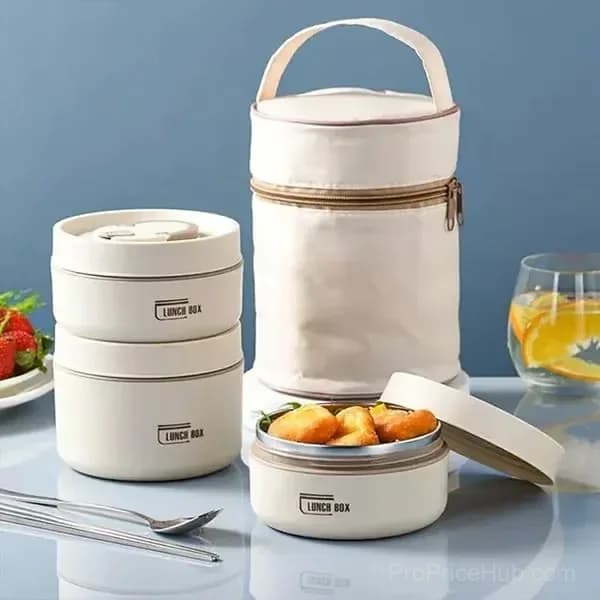 Portable 2-Tier Insulated Lunch Container Set with Bag, Beige - View 2