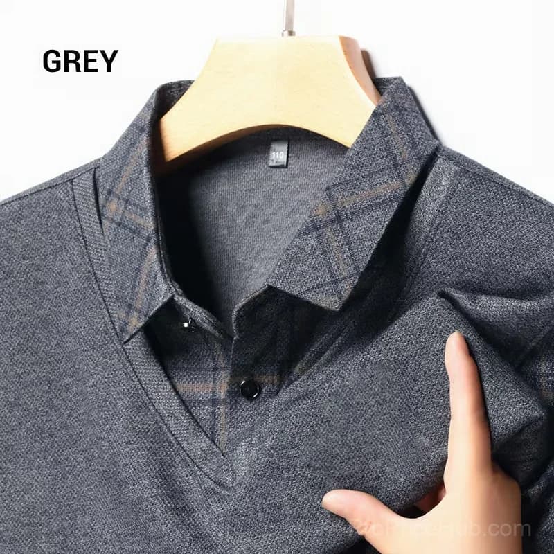Men's Faux Two-Piece Lapel Long-Sleeve Top, Grey M - View 13