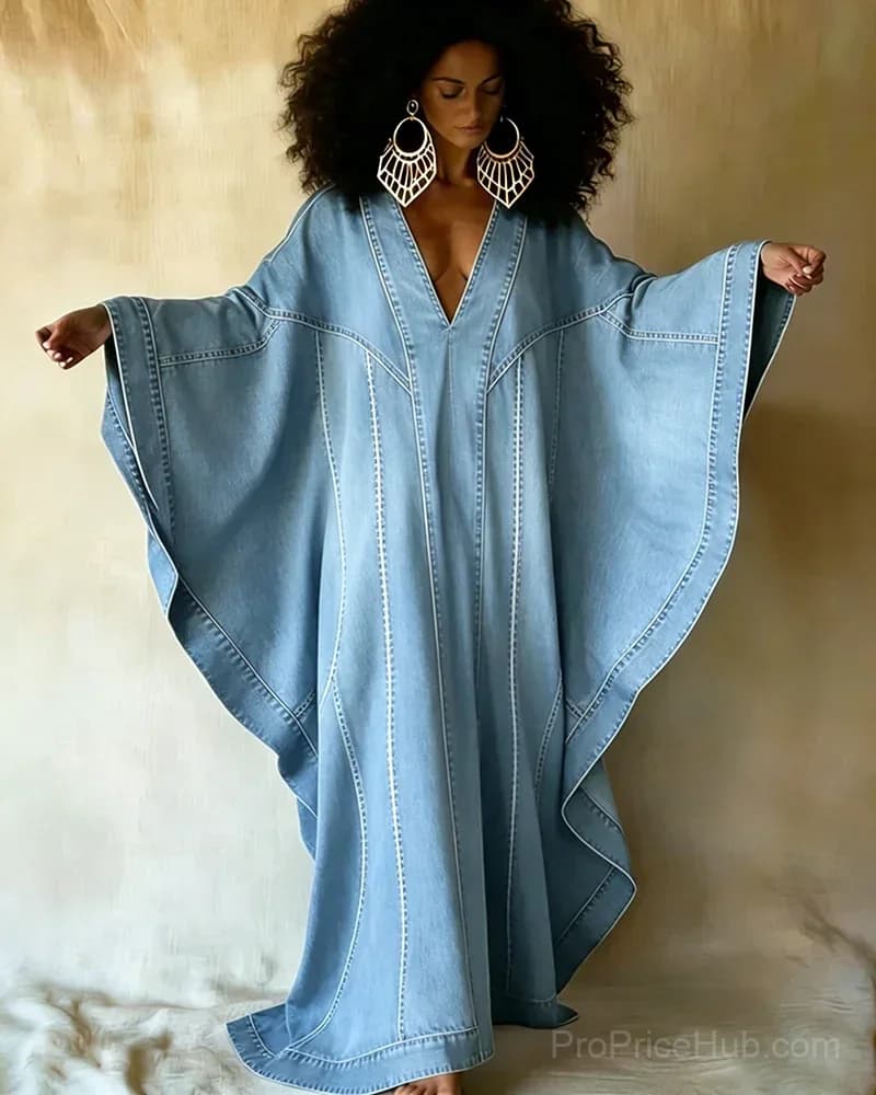 Washed Denim Texture Print V-Neck Long Kaftan Dress - View 5